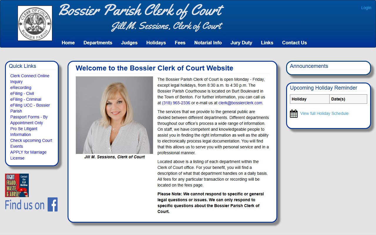 Bossier Parish court docket search page on the Clerk of Court website