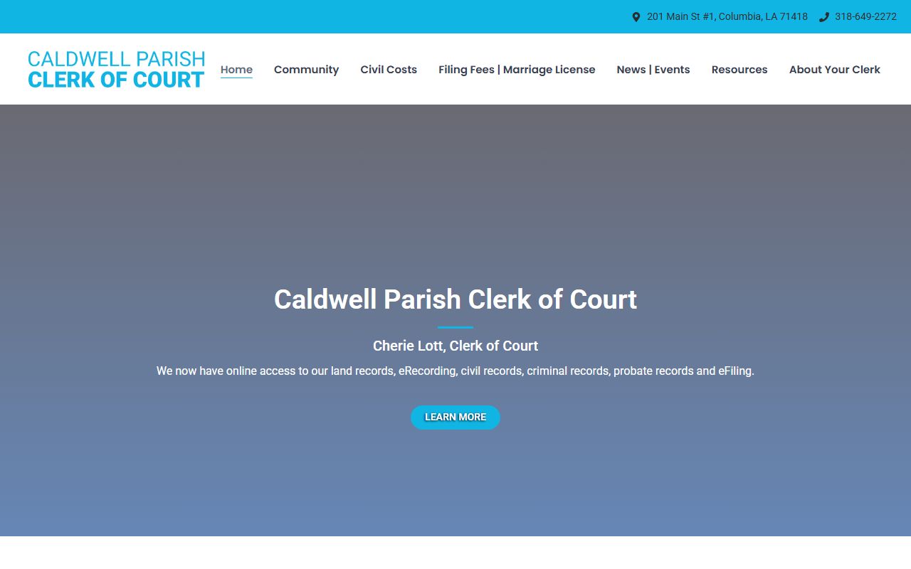 Caldwell Parish Clerk of Court website showing court docket access