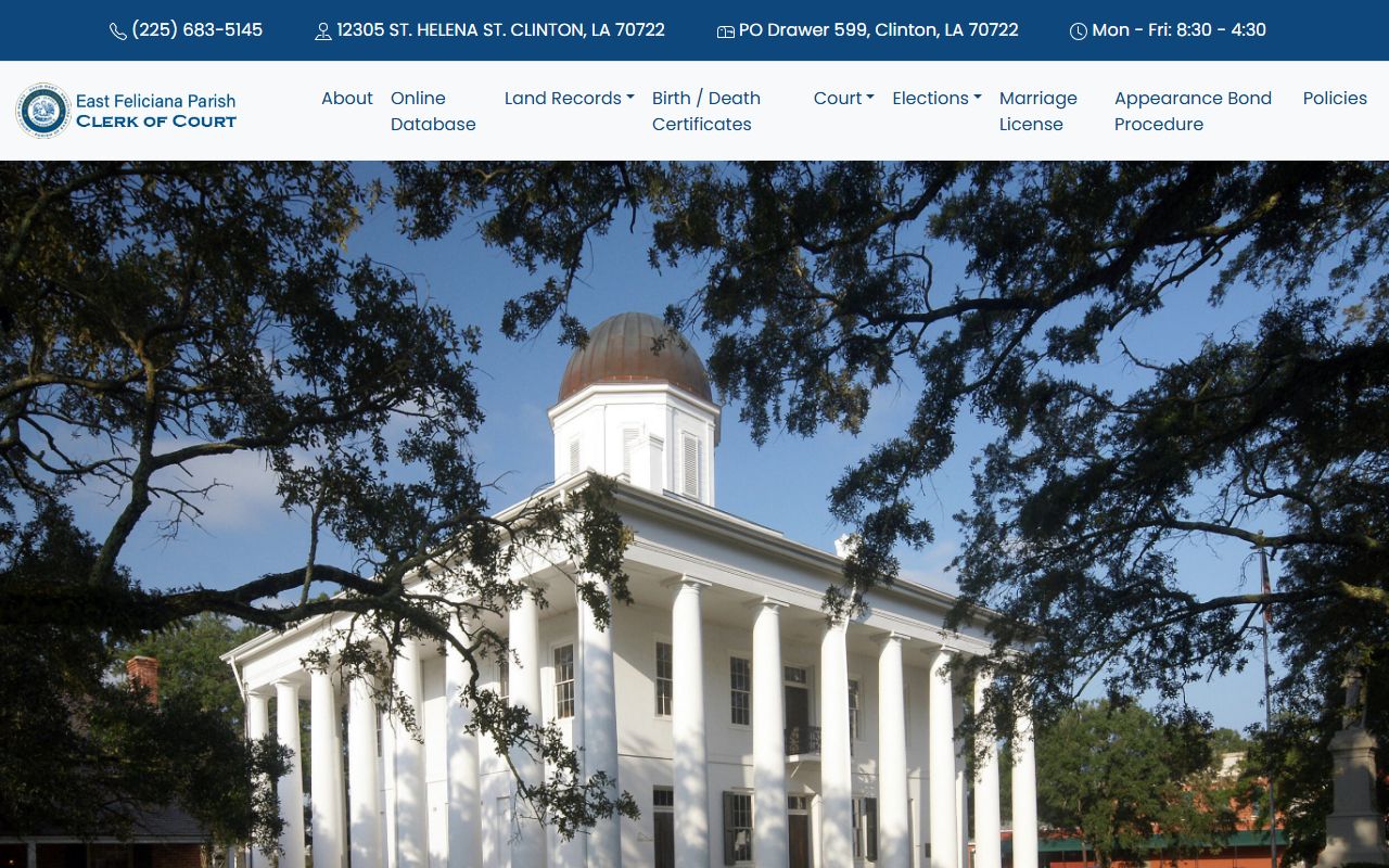 East Feliciana Parish Clerk of Court website showing court docket and clerk office information