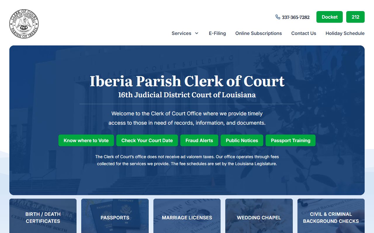 Iberia Parish Clerk of Court portal for New Iberia court docket records