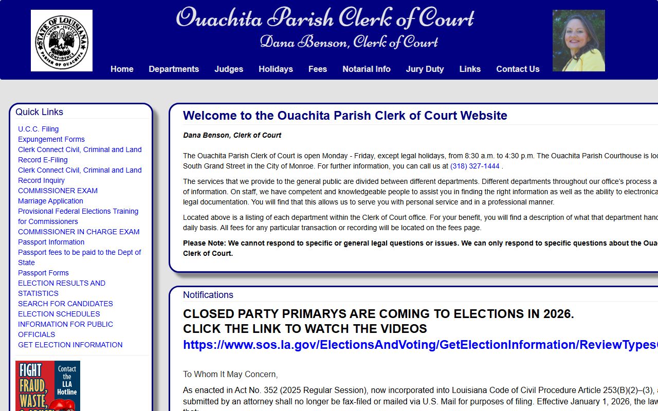 Ouachita Parish Clerk of Court website showing court records and department services in Monroe