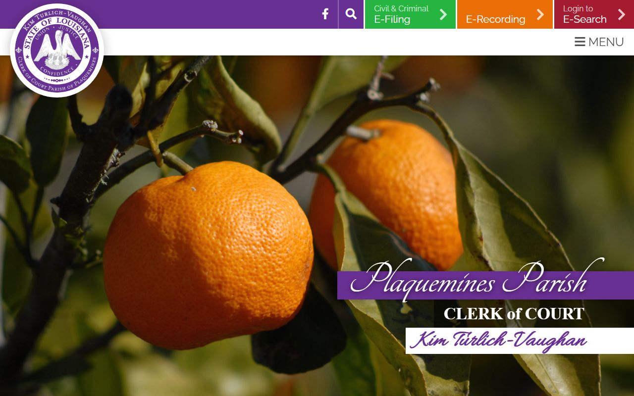 Plaquemines Parish Clerk of Court website showing 25th Judicial District court records