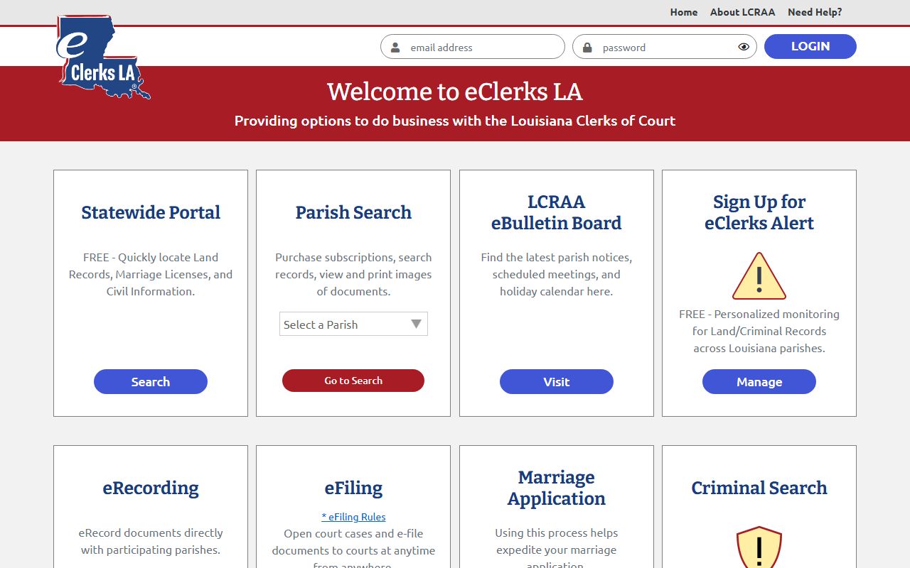 eClerks LA statewide portal for Louisiana court docket search